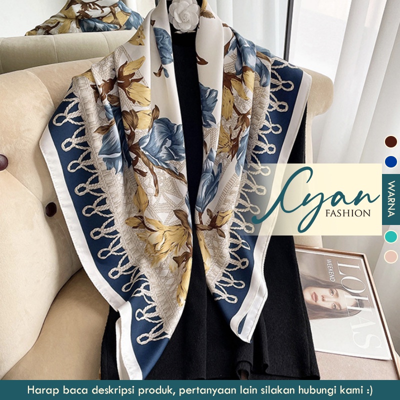 Scarf &quot;Kenna&quot; 90 x 90 Motif Bunga bahan Sutra Imitasi HIGH GRADE, Scarf Mewah