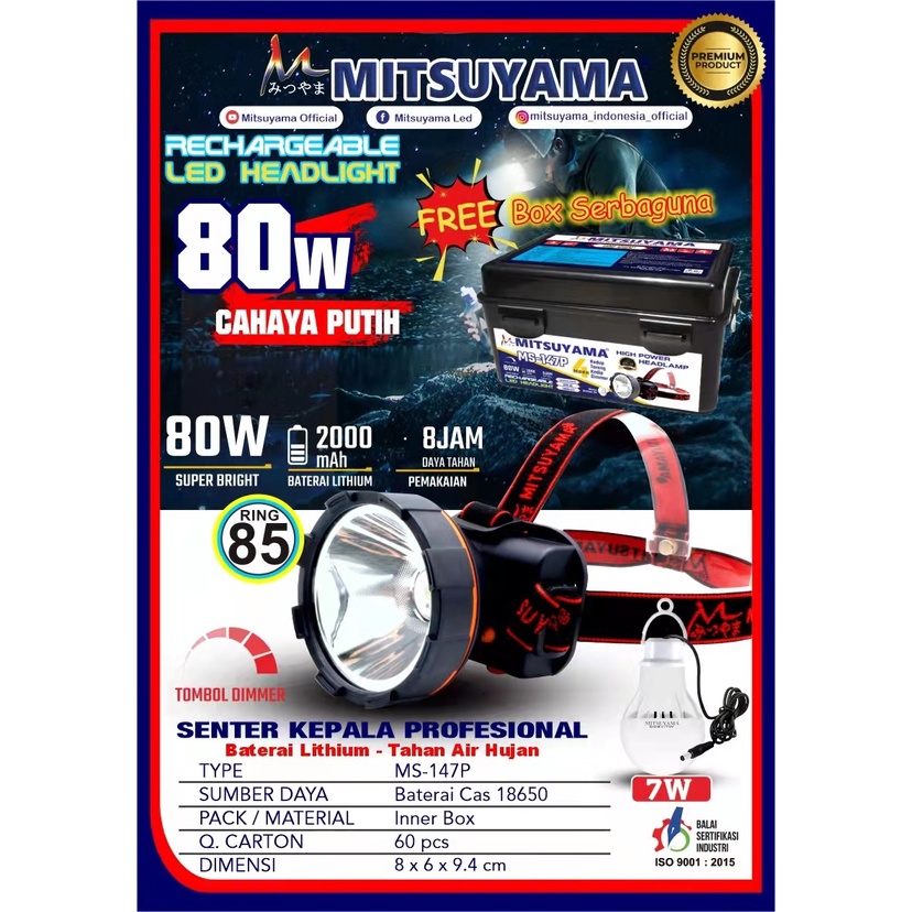 Mitsuyama Senter Kepala 80Watt MS-147P Cahaya Putih - Senter Kepala LED 80W Headlamp Tahan 8 Jam 4 Mode Cahaya