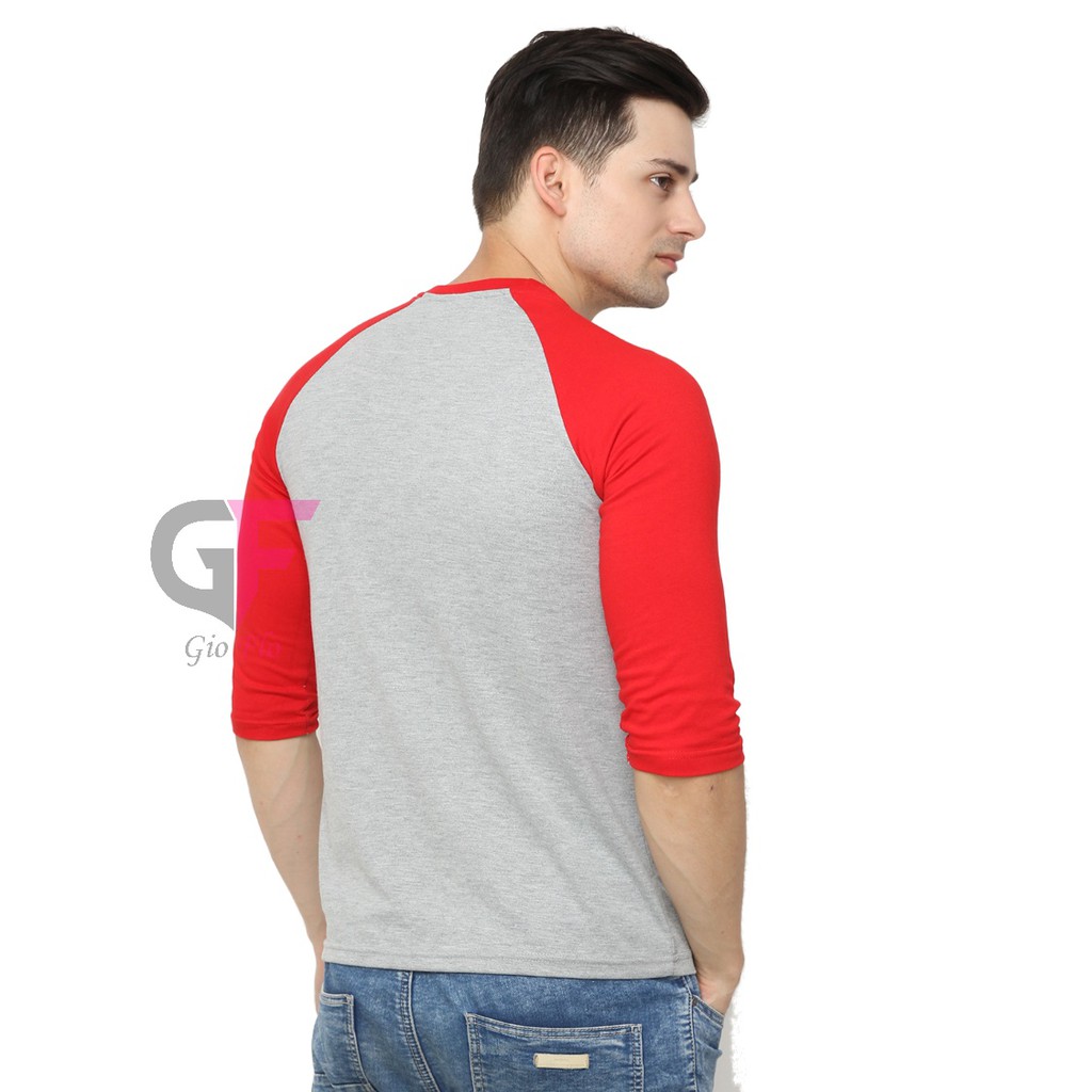 GIOFLO Kaos Simple Elegan Pakaian Baju Raglan Pria Abu Merah / POL 27