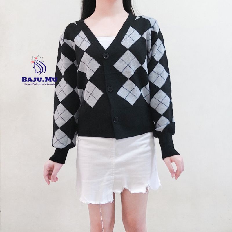 KOREAN CARDIGAN OUTER KNIT IMPORT KOTAK-KOTAK ARGYLE- Karina Cardi