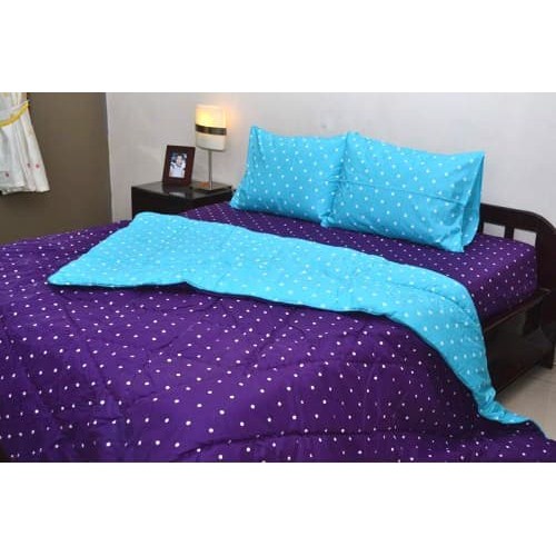 NEW Bedcover Double Tanpa Sprei Katun Jaxine Polkadot Biru Muda-Ungu Tua