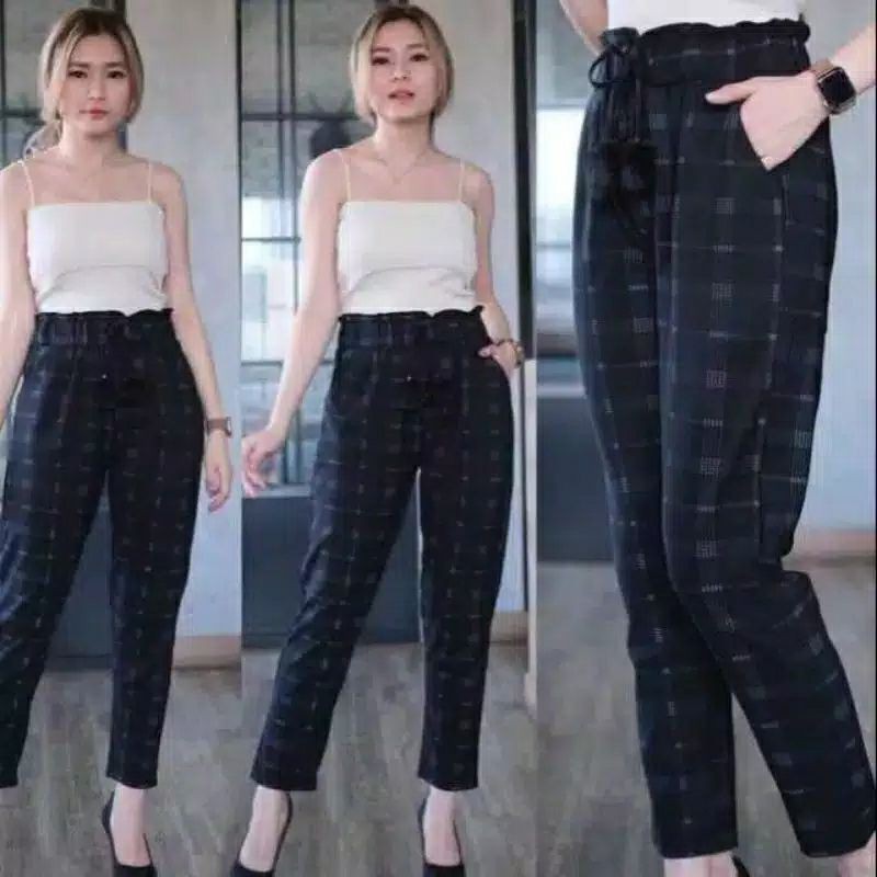 Celana wanita baggy pant tartan celana kotak kotak