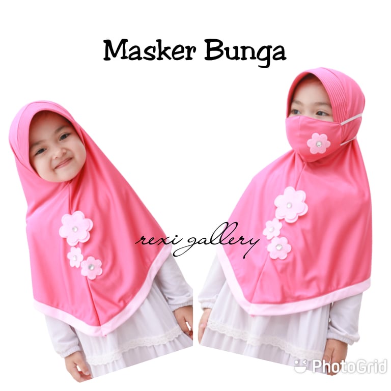 HIJAB ANAK MASKER BUNGA - KERUDUNG INSTAN ANAK DENGAN MASKER KAIN - JILBAB JERSEY TK PAUD