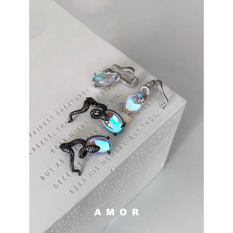 Anting Tusuk Gantung Bahan Sterling Silver 925 Desain Ular Hias Batu Moonlight Gaya Unik High grade Untuk Wanita