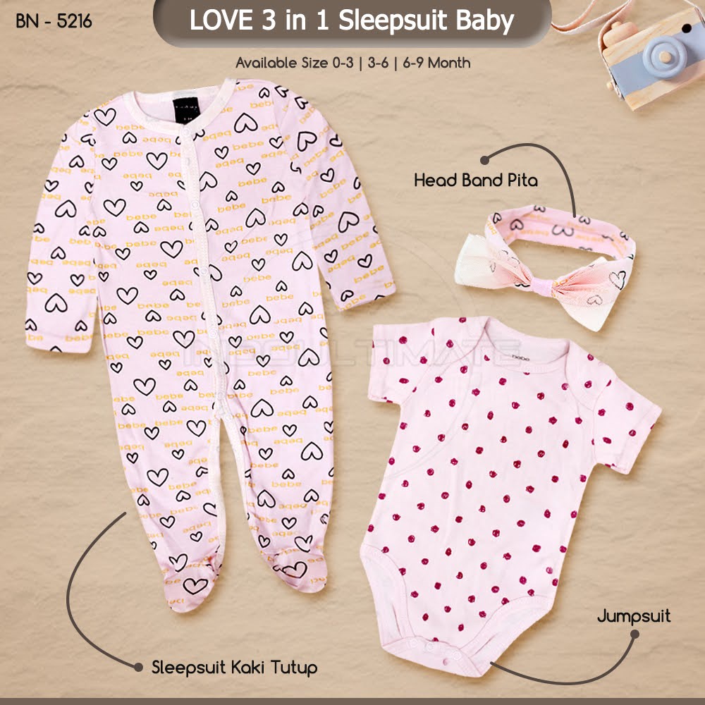 SET 3in1 Sleepsuit Bayi Baru Lahir + Jumper Pendek + Bando BN-5216 Jumsuit Import Jumpsuit Anak Bayi Balita Baju Tidur Bayi Pakaian Bayi Newborn Pita Kepala bayi Baby Head Band Kaos Bayi