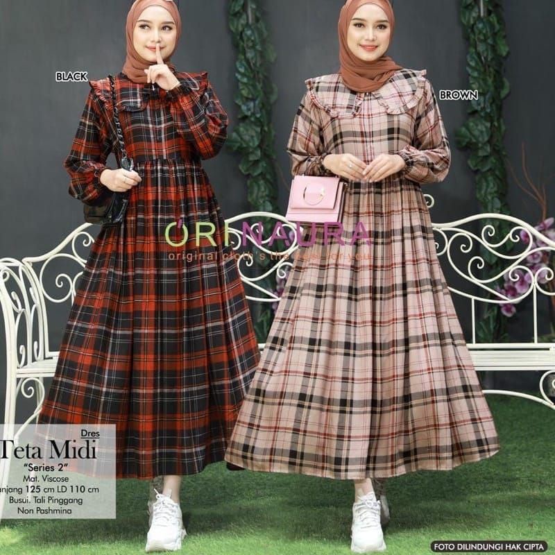 TETA MIDI DRESS WANITA MUSLIM KOTAK KOTAK DRESS KOREAN LENGAN PANJANG