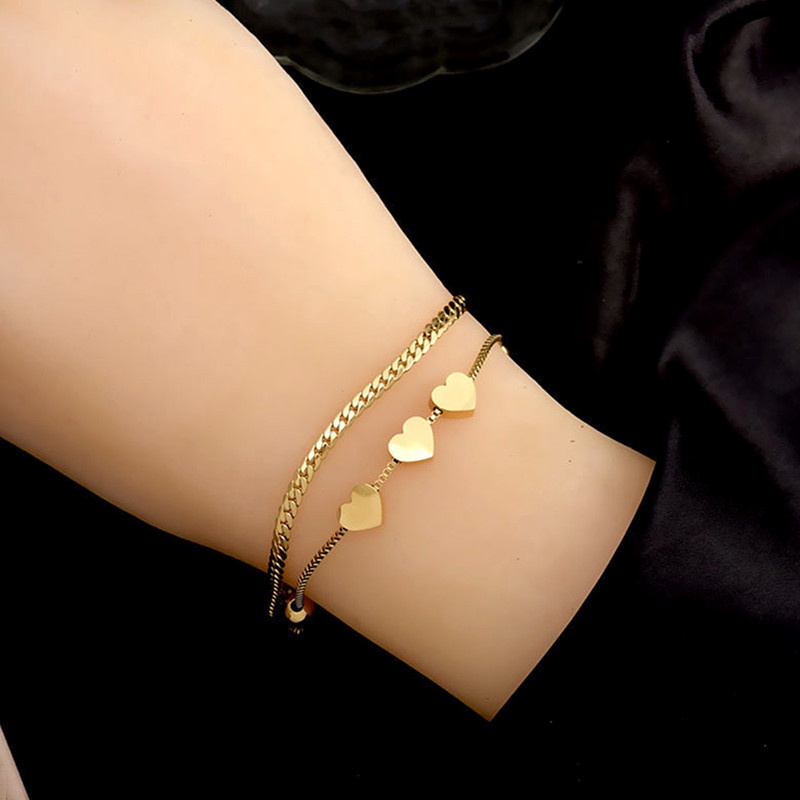 Gelang Titanium 2 Layer Hati Lapis Emas 18K Anti Karat Fashion Korea Aksesoris Wanita