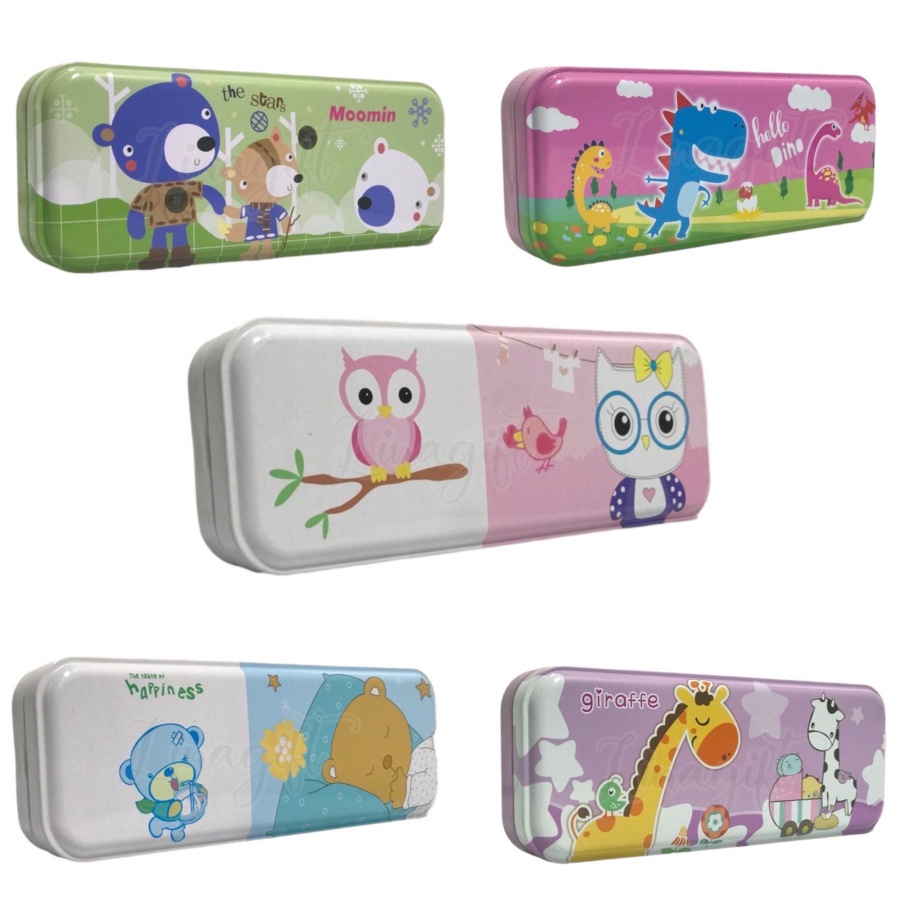 TEMPAT PENSIL KOTAK PENSIL KALENG PENCIL CASE 2 TINGKAT DINO MICKEY MINNIE PRINCESS SPIDERMAN FROZEN AVENGERS ANIMAL BARE BEARS BT2I BLUE PINK GREEN PURPLE