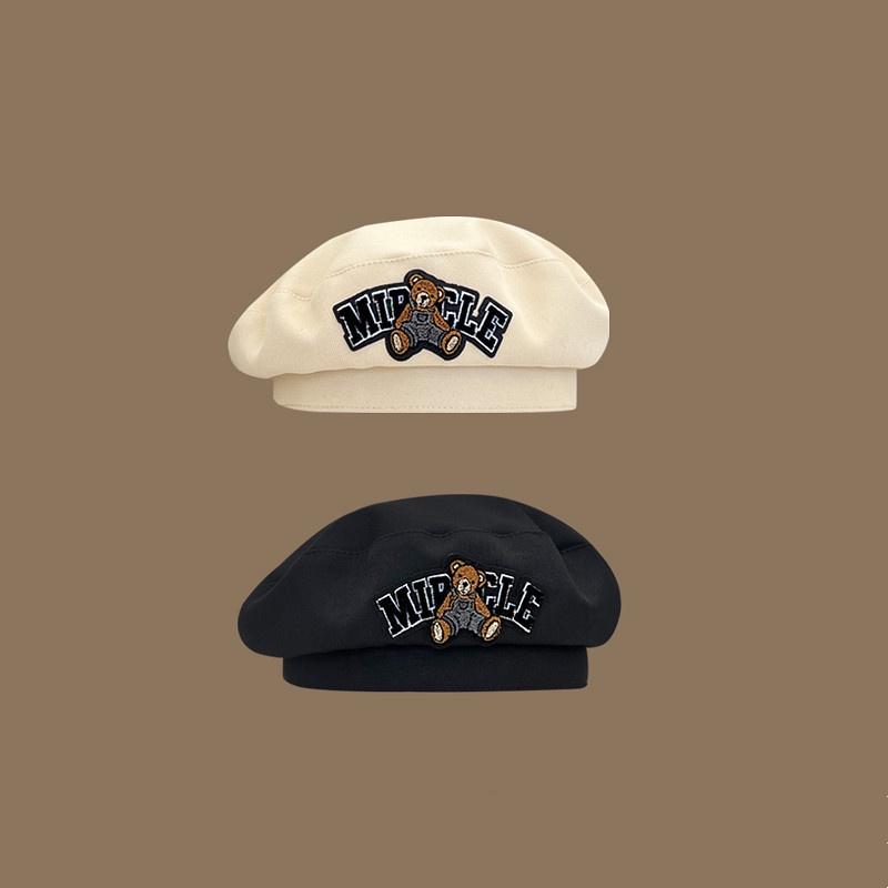 Topi Baret Motif Bordir Beruang Gaya vintage