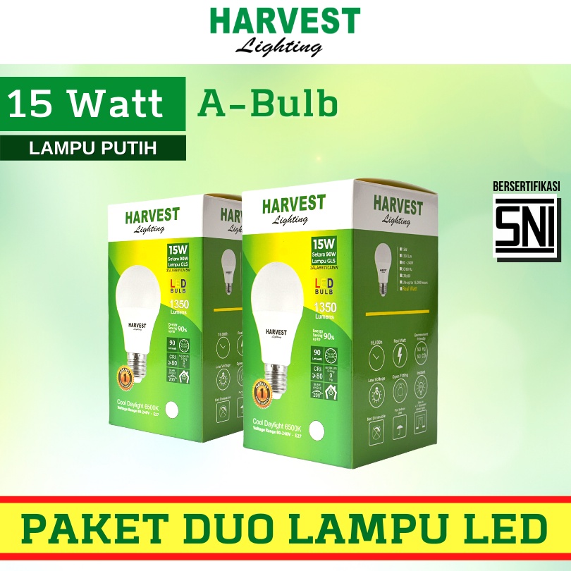 15W - Paket DUO - HARVEST LIGHTING Lampu Bohlam LED A Bulb  15 Watt Lampu Hemat Energi Original Bersertifikasi SNI dan Bergaransi