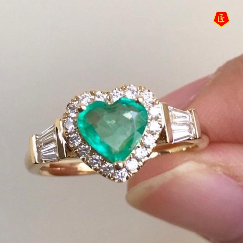 [Ready Stock]Simple Fashion Heart-Shaped Emerald Ring Female 18K Gold