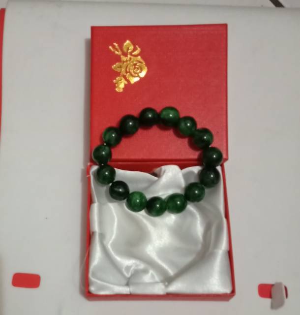 Gelang batu giok hijau lumut+kotak 12 mm