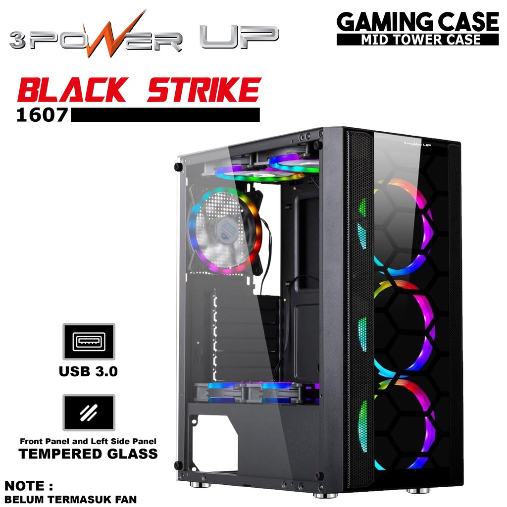 3 Power Up RAPTOR Black Strike 1607 Black Gaming Case Mid Tower ATX / m-ATX / Mini-ITX