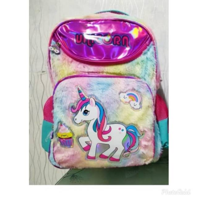 Tas Ransel Anak Bulu Rainbow/Tas Backpack Anak/Tas Anak Bulu Unicorn Rainbow/17inch