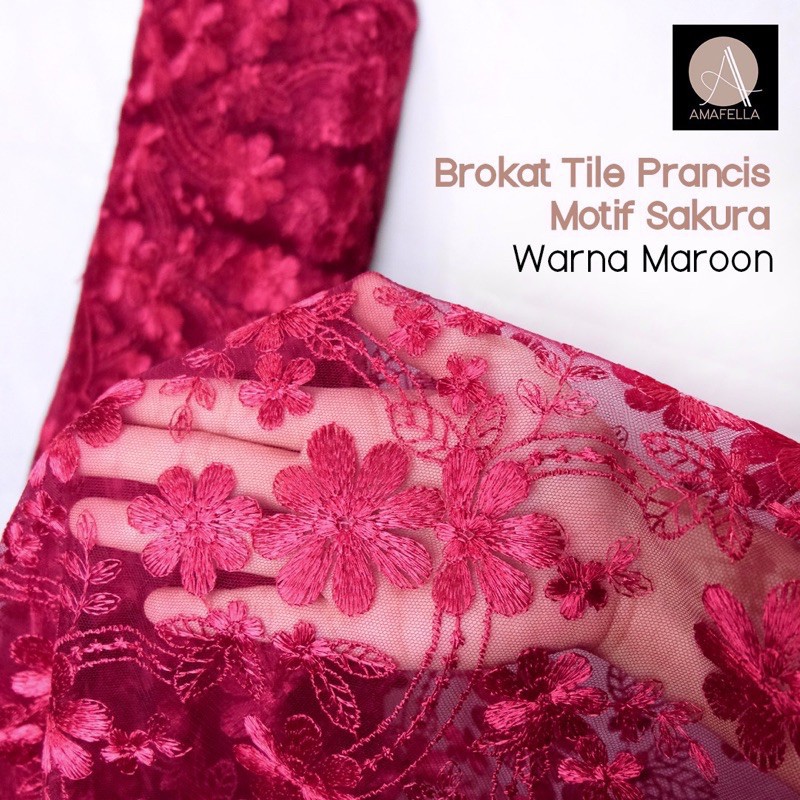 1/2 meter Kain Brokat Tile Prancis Bahan Kebaya Motif Sakura Maroon