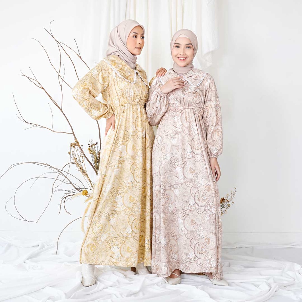 LONGDRESS SATIN SILK MOTIF GAMIS REMAJA KEKINIAN BAJU LEBARAN MODEL TERBARU LONGDRESS KOREAN STYLE S