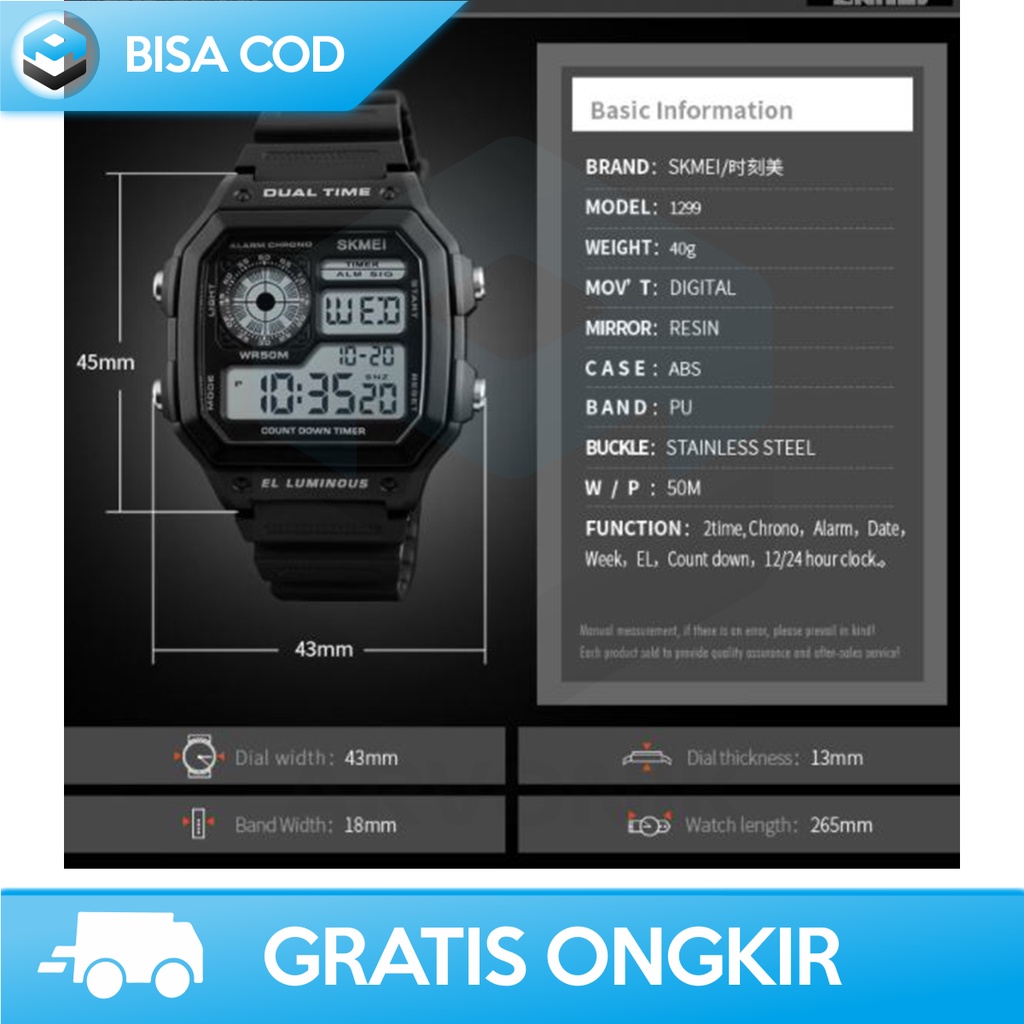 JAM TANGAN DIGITAL LAKI MULTIFUNGSI LED SKMEI 1299 ORI TAHAN AIR MURAH