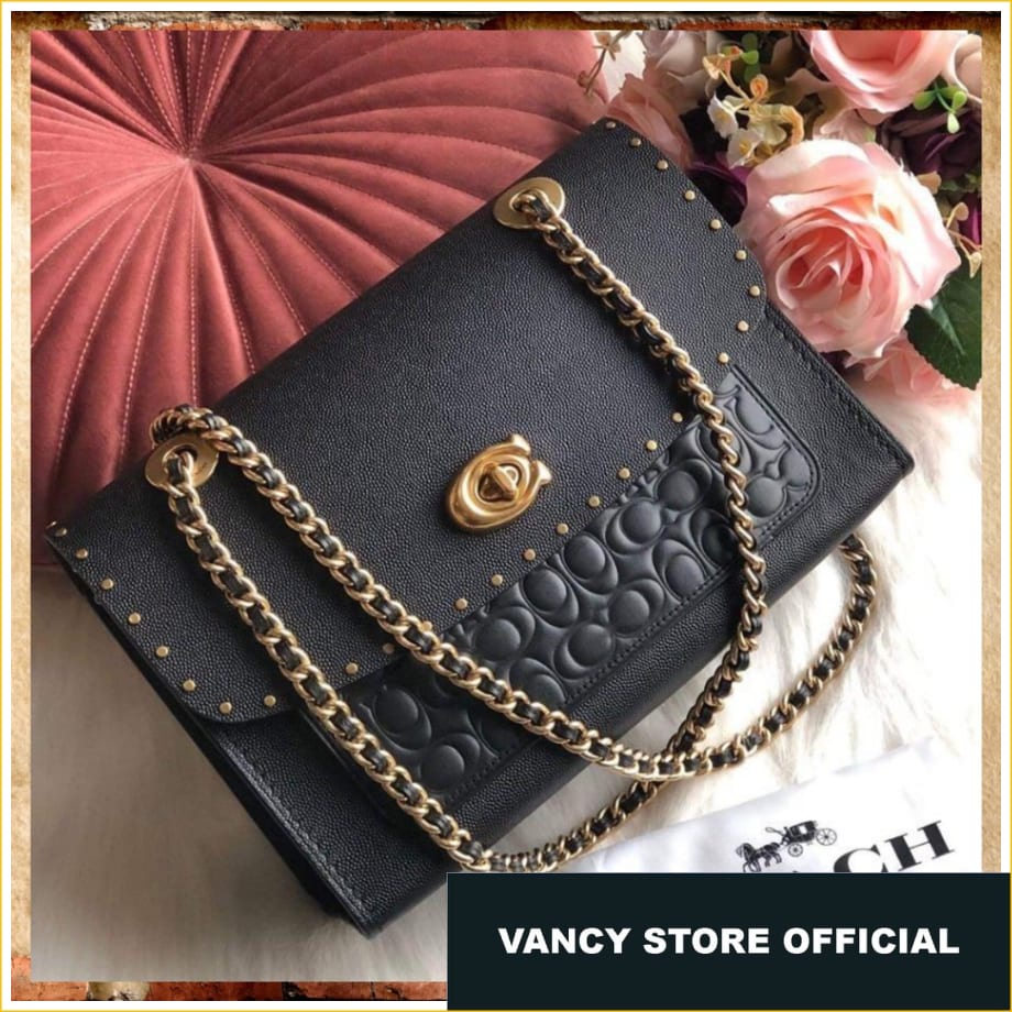 Tas Original Coach Signature Embossed Leather Parker Shoulder Black FULLSET NEW WITH TAG  Ori