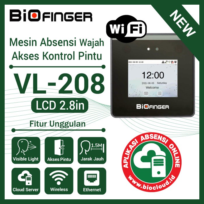 Absensi Wajah BioFinger VL-208 LAN WIFI Akses Kontrol OnLine Cloud Jarak1.5M Masker Akurat Cepat