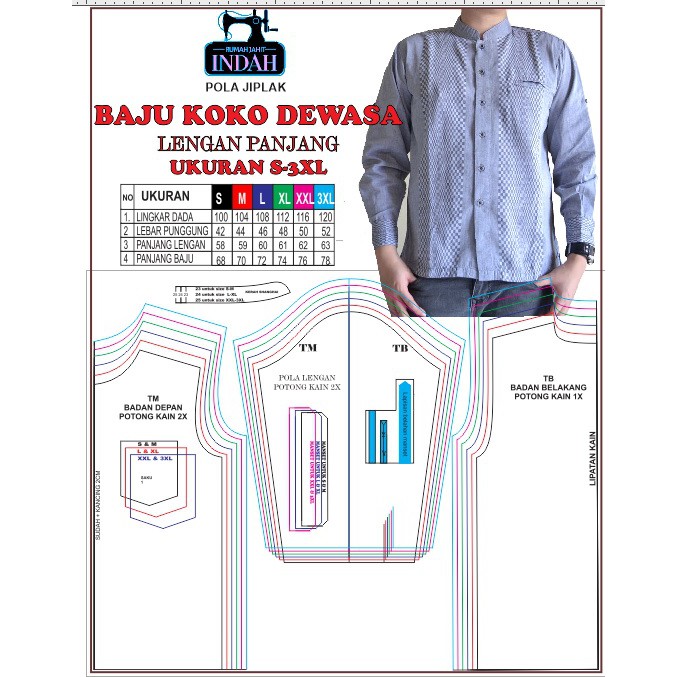 Pola jiplak pola baju pola jahit Pola BAJU KOKO DEWASA S - 3XL