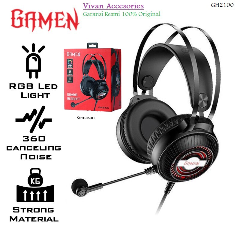 GAMEN HEADSET GAMING GH2100 HEADPHONE RGB LED LIGHT WIRE AUDIO JACK