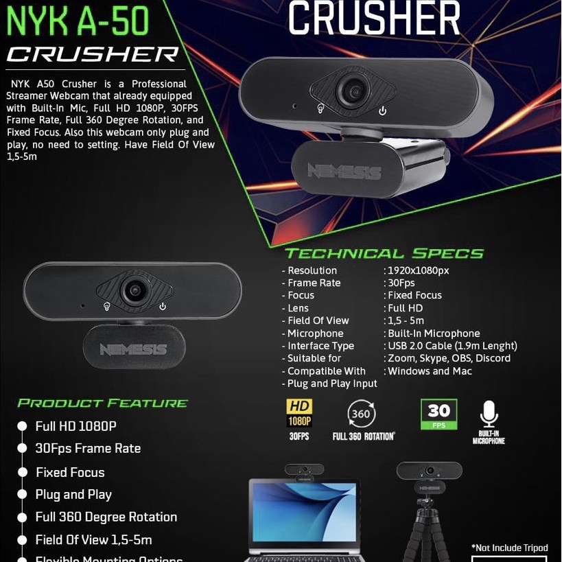 Webcam NYK A50 CRUSHER - Full HD 1080p dengan Rotasi 360 Derajat