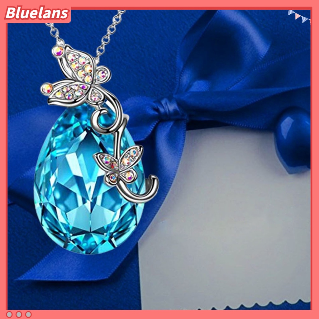 Kalung Rantai Desain Butterfly Waterdrop Aksen Kristal Imitasi Warna Biru Bahan Silver Plated Untuk Wanita