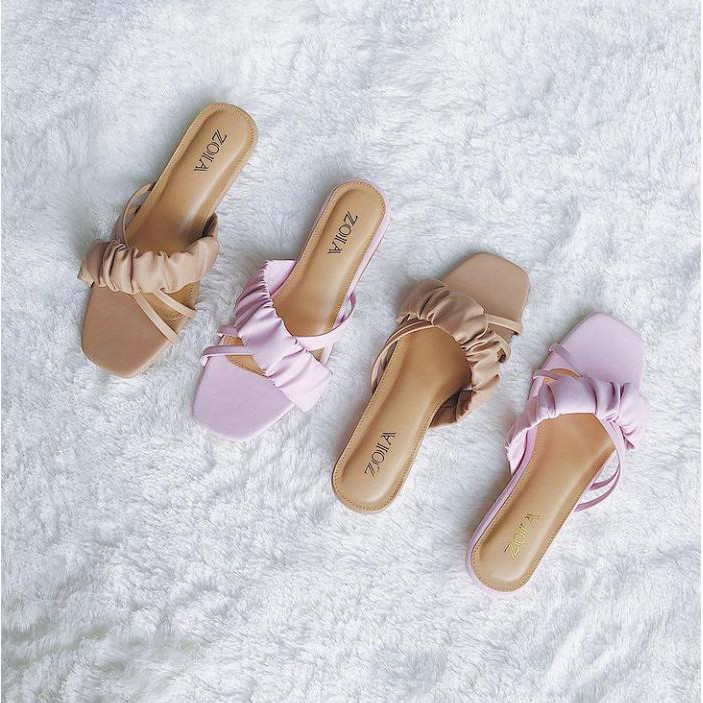 DM sandal wanita kerut silang// sandal hak ungu lilax kekinian