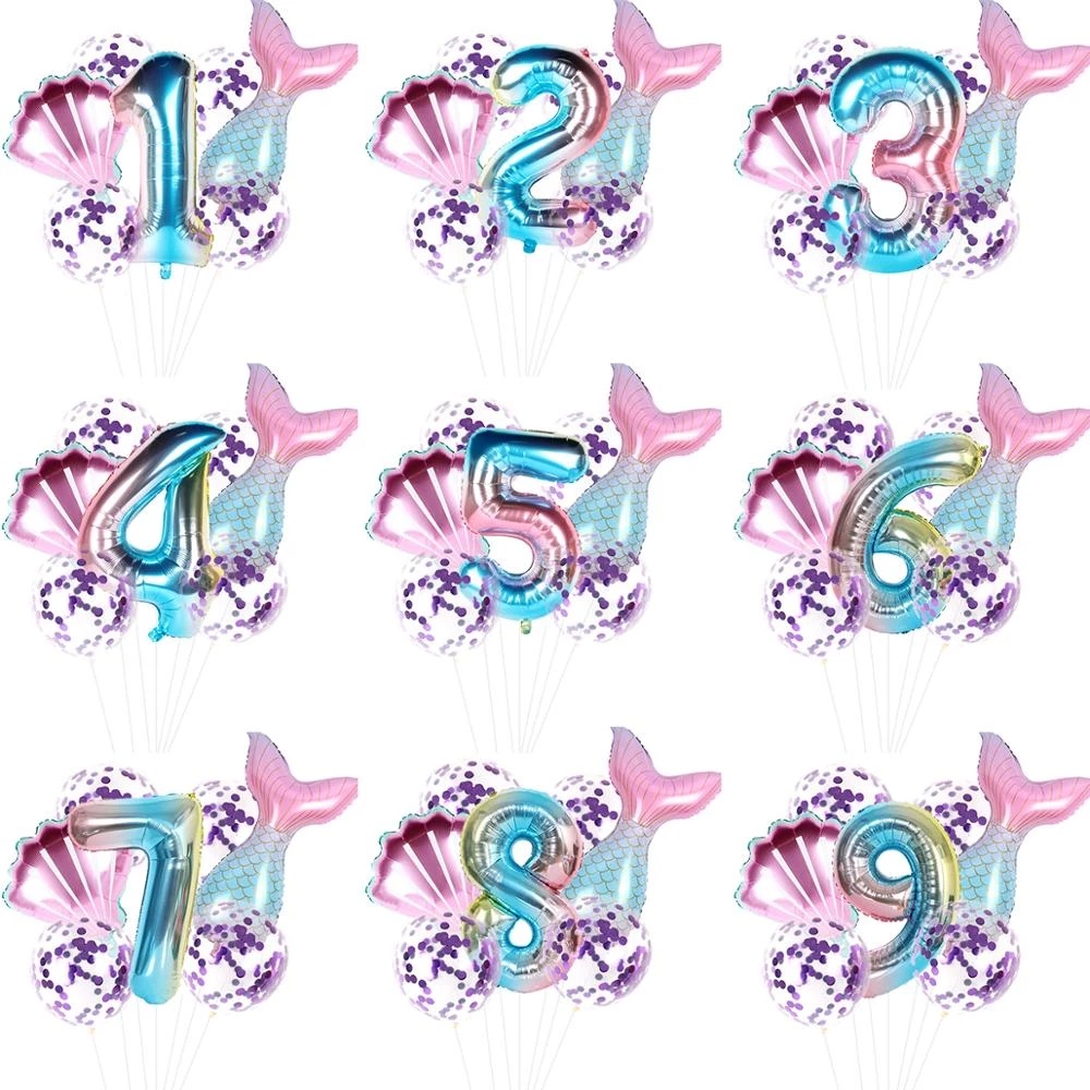 7pcs / Set Balon Foil Angka Bentuk Ekor Mermaid Untuk Dekorasi Pesta Ulang Tahun / Baby Shower
