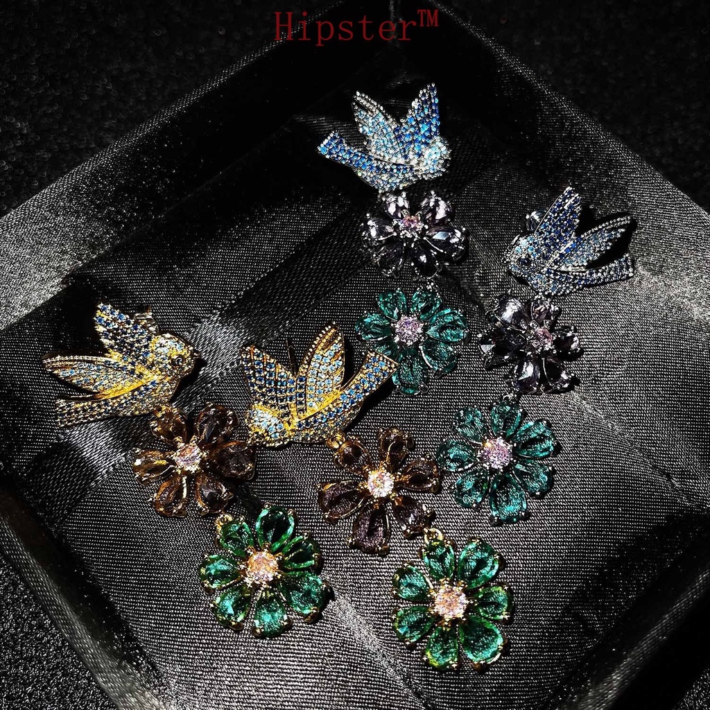 Luxury Vintage Flower Micro-Inlaid Full Diamond Bird Earrings