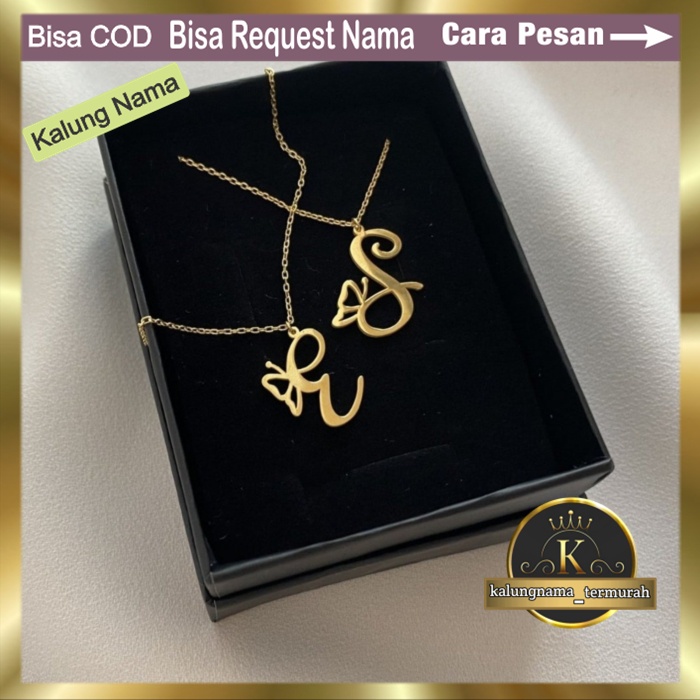 kalung nama huruf inisial titanium asli anti karat tidak luntur dewasa anak titanium gold silver ros