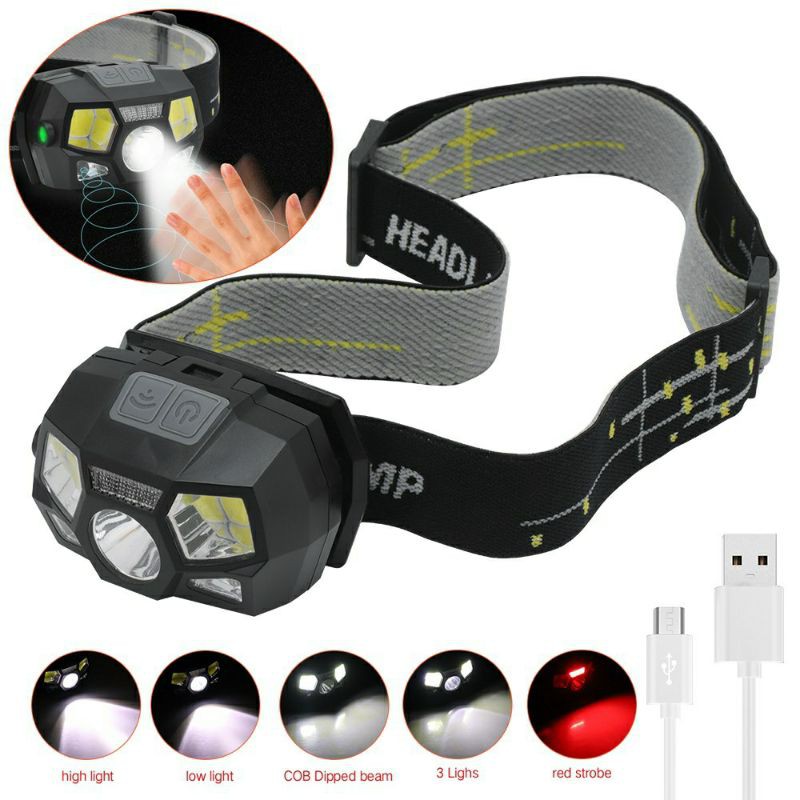 Senter Kepala waterproof Headlamp Flashlight Rechargeable USB + Motion Sensor XPE+COB 10000 Lumens