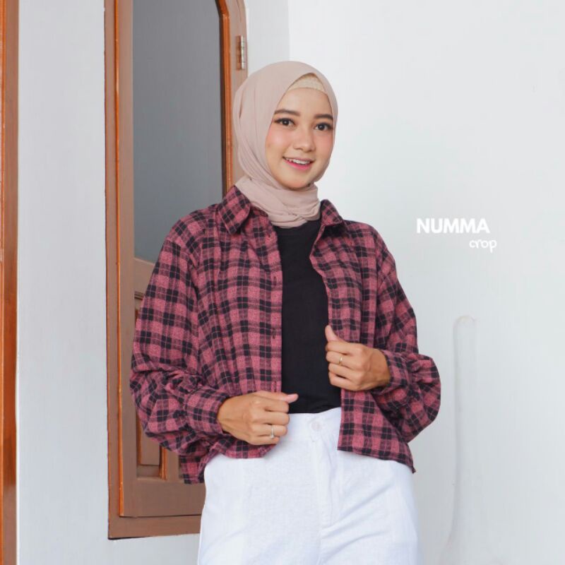 BLOUSE Bisa COD/Bayar ditempat/Gratis Ongkir  || Blouse TARTAN LENGAN BALON MIZU KOREAN STYLE | KEMEJA FLANEL WANITA NUMMA/KEMEJA CROP LENGAN PANJANG TARTAN-Numma Dusty Lama