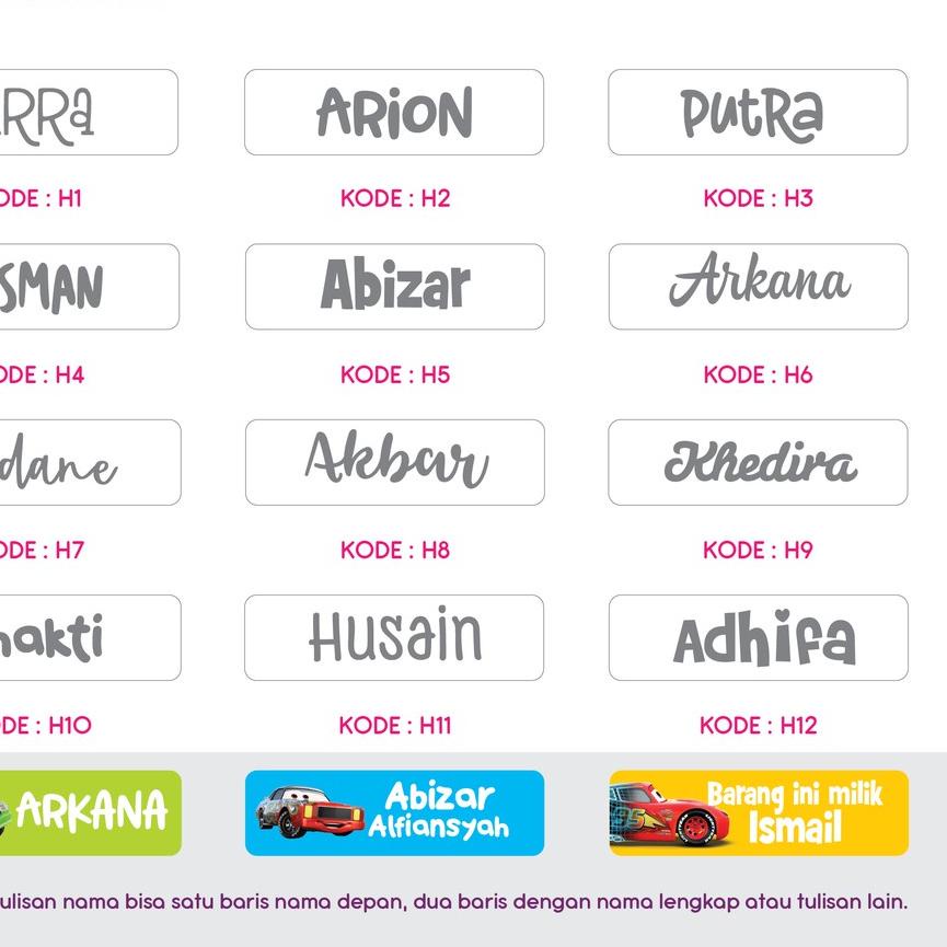 

M11|WI ,.Label Nama Waterproof Karakter CARS, Printing Sticker bukan Cutting Sticker Nama..!