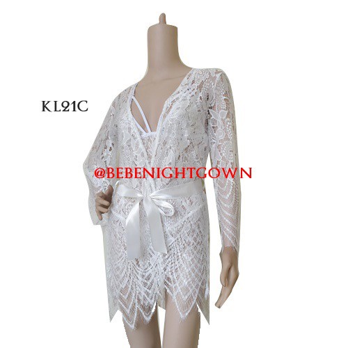 SET SEXY KIMONO LINGERIE NIGHT DRESS LACE BROKAT PREMIUM PUTIH KL21C