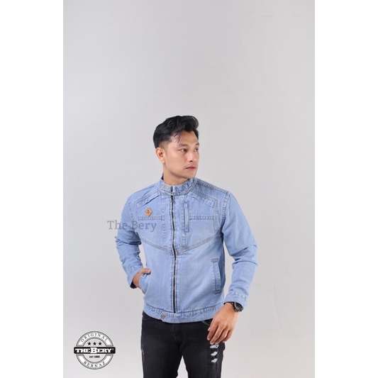 Jaket jeans pria / Jaket the berry logo kulit kerah / Jaket bomber denim