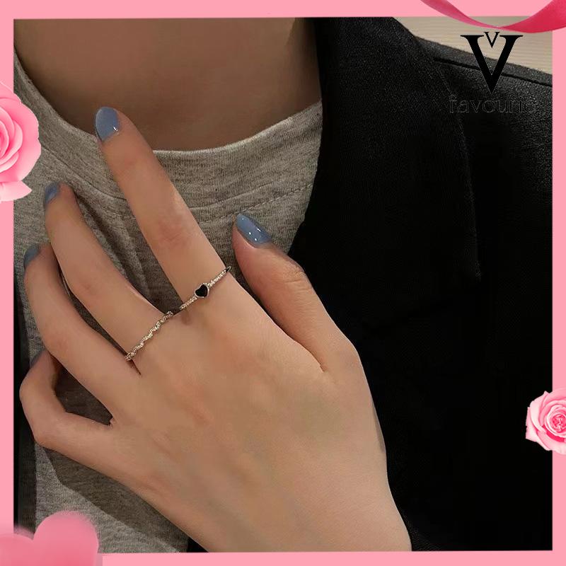 [COD]2 pcs Cincin Korea Cinta Zirkon Hitam Wanita High-end Fashion Kepribadian Jari Telunjuk Cincin-FA