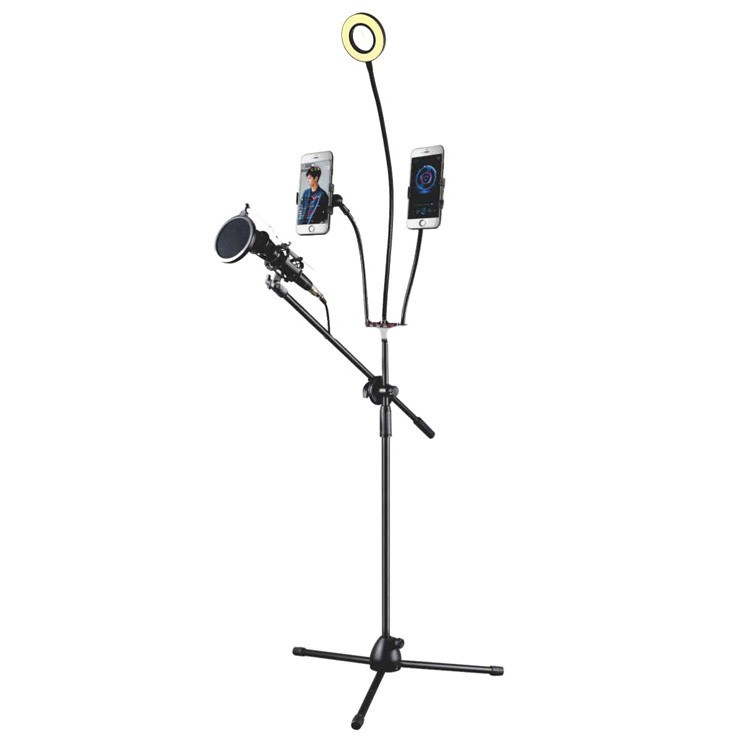 Microphone Standing Holder Tripod + 2 x Smartphone Holder &amp; Ring Light