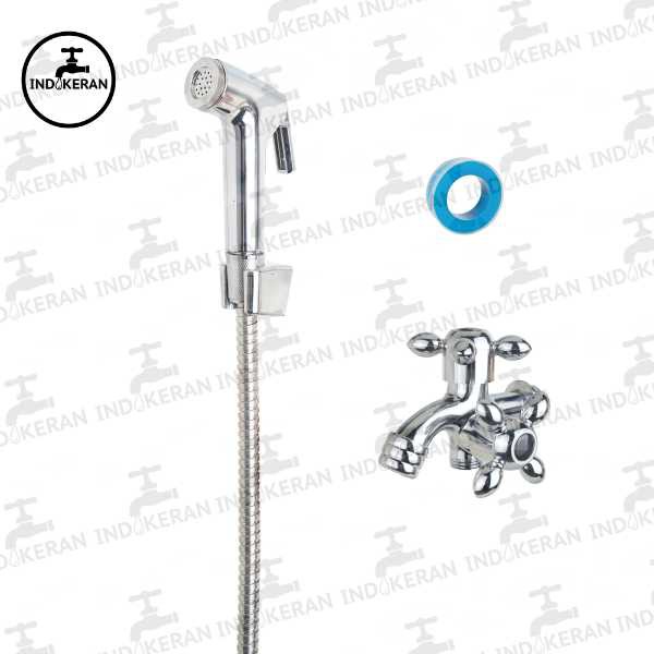 INDOKERAN - Paket Kran Shower Mandi Cabang dan Jet Shower Cebok - Chrome - 1/2 Inch - High Quality