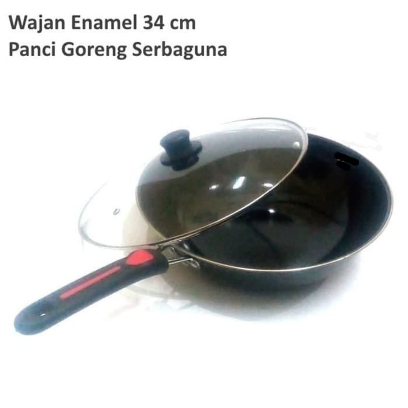 Wajan enamel serba guna + tutup kaca (diameter 34 cm)