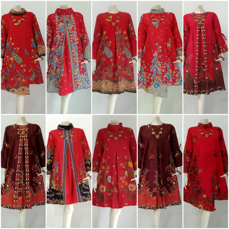 TUNIK BATIK Unggul jaya Cibulan warna merah maroon  LD 105 &amp; LD 120 / Dress merah marun