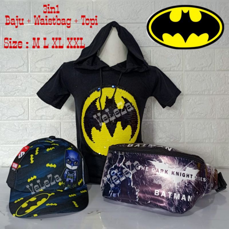 Kaos Hoodie anak karakter superhero 3in1 - kaos hoodiee + waist bag + topi