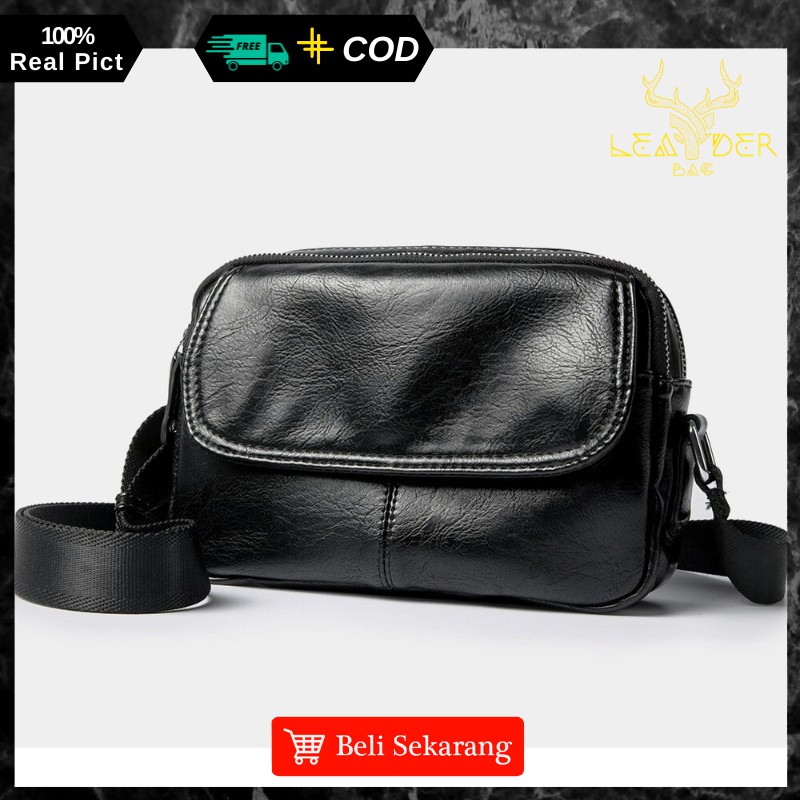 Tas Selempang Kulit Cowok Original Distro Terbaru Warna Hitam Atau Tas Kulit Pria Import Waterproof