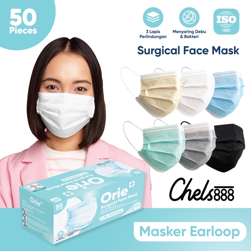 Masker Orie+ Earloop Surgical Masker Cantol Medis 3ply isi 50pcs