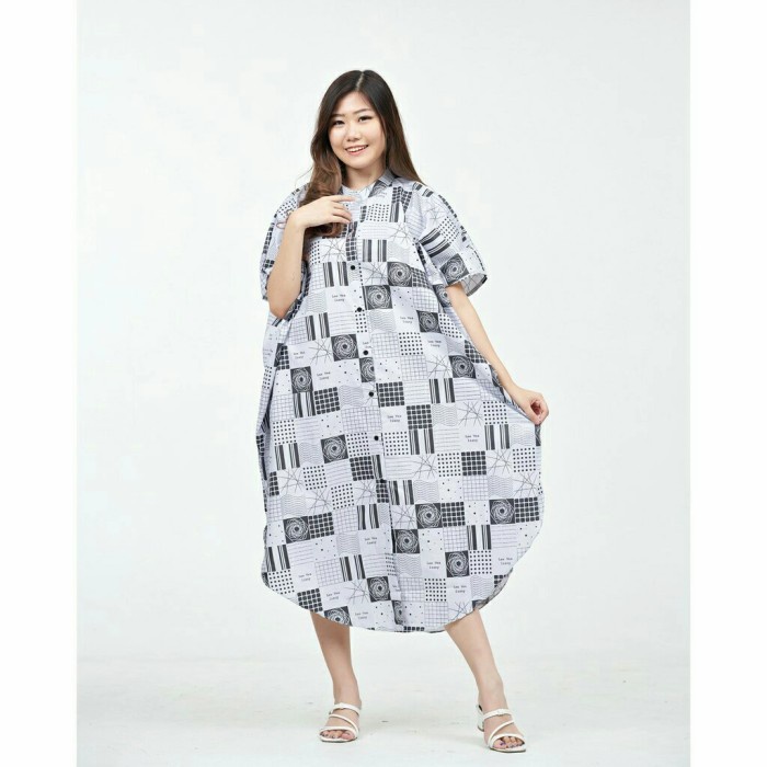 New Long Dress Coway Jumbo Full Kancing Depan XXL Bumil Busui Daster - rasi grey