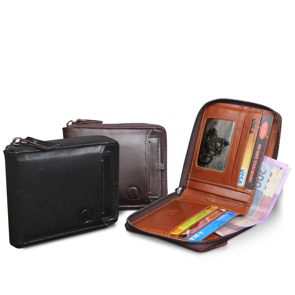 Dompet Kulit Cowok Dompet Pria Kulit Bahan Kulit Sapi Asli dengan 13 Slot Kartu Resleting D005