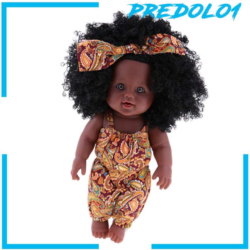 (Predolo1) Mainan Boneka Bayi Perempuan 30cm Rambut Keriting Bahan Vinyl Lembut Warna Hitam / Kulit Kuning