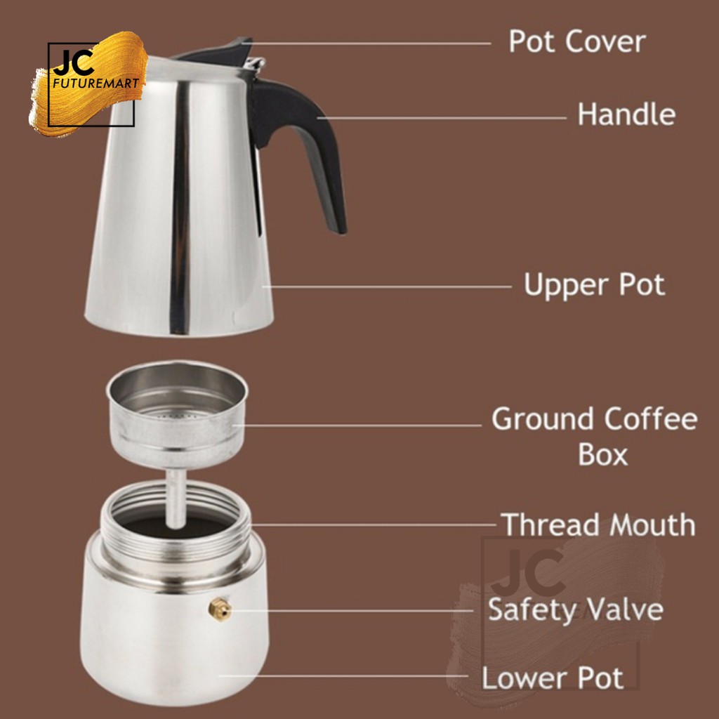 MOKA POT STAINLESS STEEL 4 CUP &amp; 6 CUP - COFFEE ESPRESSO MAKER MOKAPOT