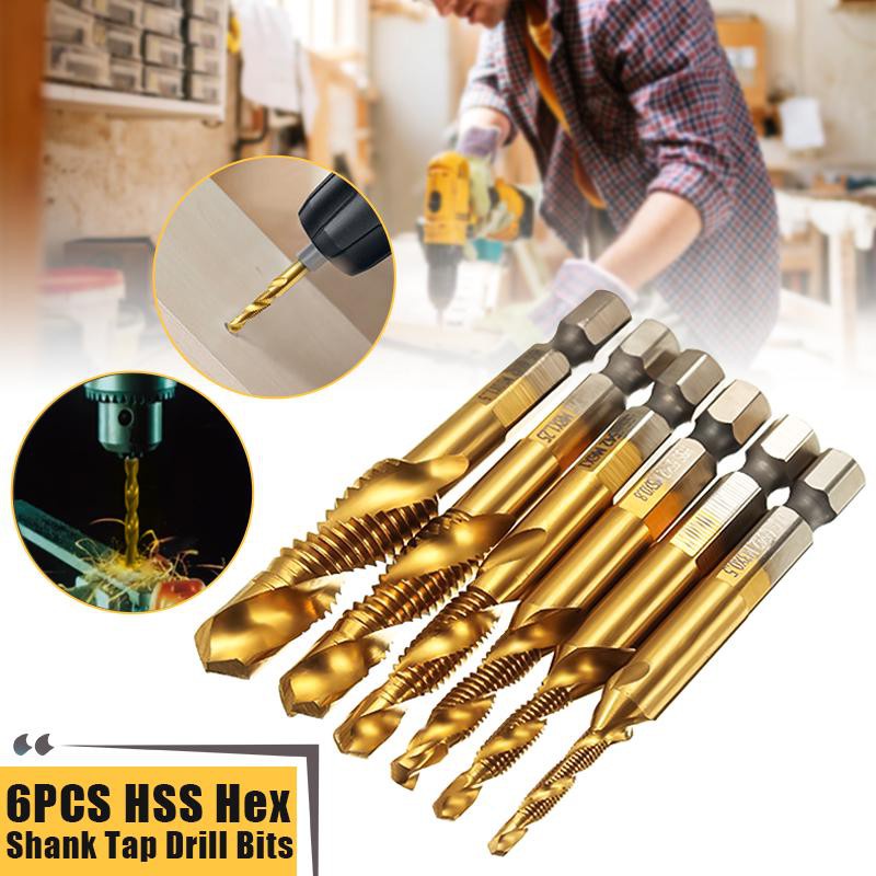 Mata Bor HSS 6PCS Pembuat Ulir Drat Drill Tap Set Hex Twist Spiral Tapper Baut Bit Drilling Tapping Deburring