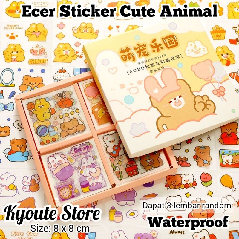 

3 Lembar Sticker Lucu Cute Animal Rabbit Bear Cat Waterproof Journal Scrapbook Transparan